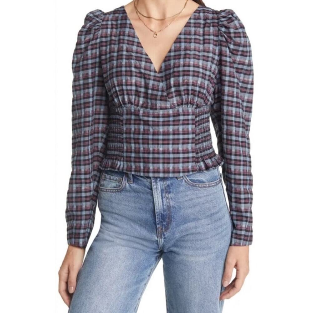 Treasure & Bond New Womens Plaid Long Sleeve Smocked Crop Top S Academia Preppy